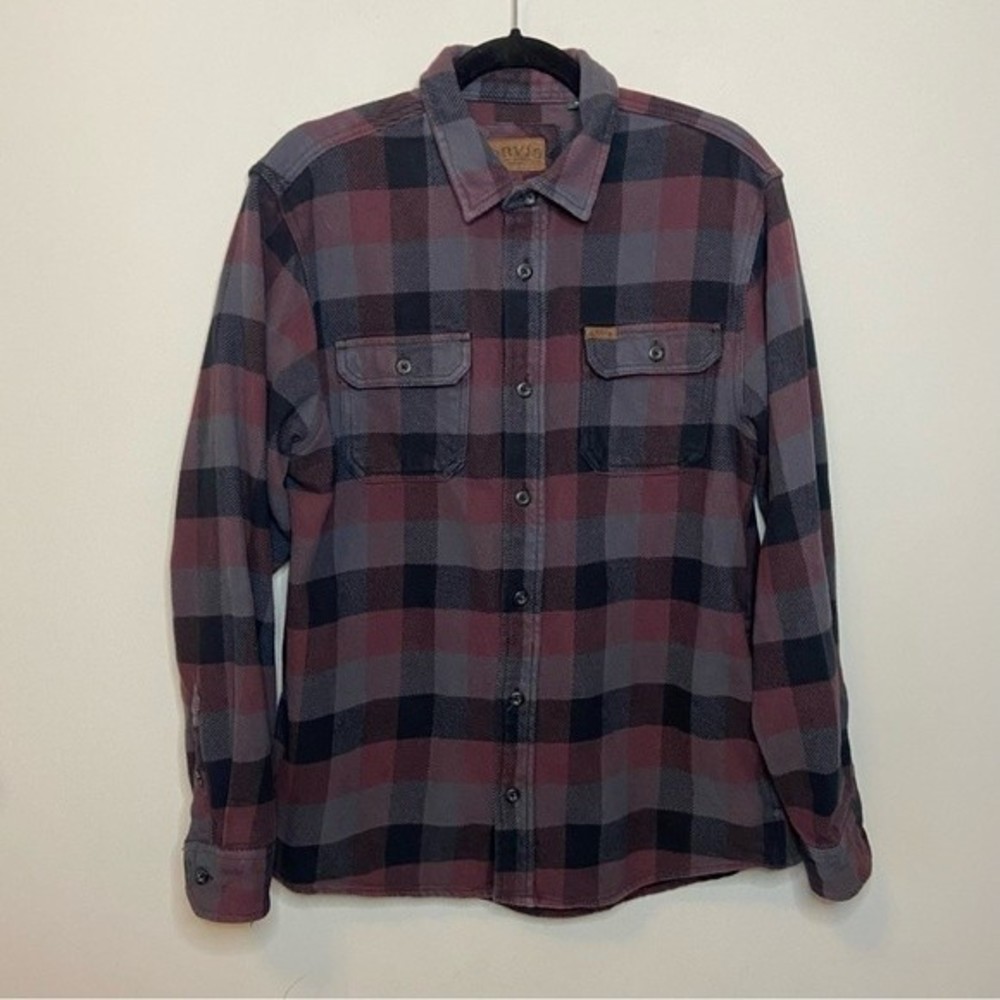 Orvis Burgundy Black Heavy Flannel Plaid Shirt Jacket Shacket Size Medium